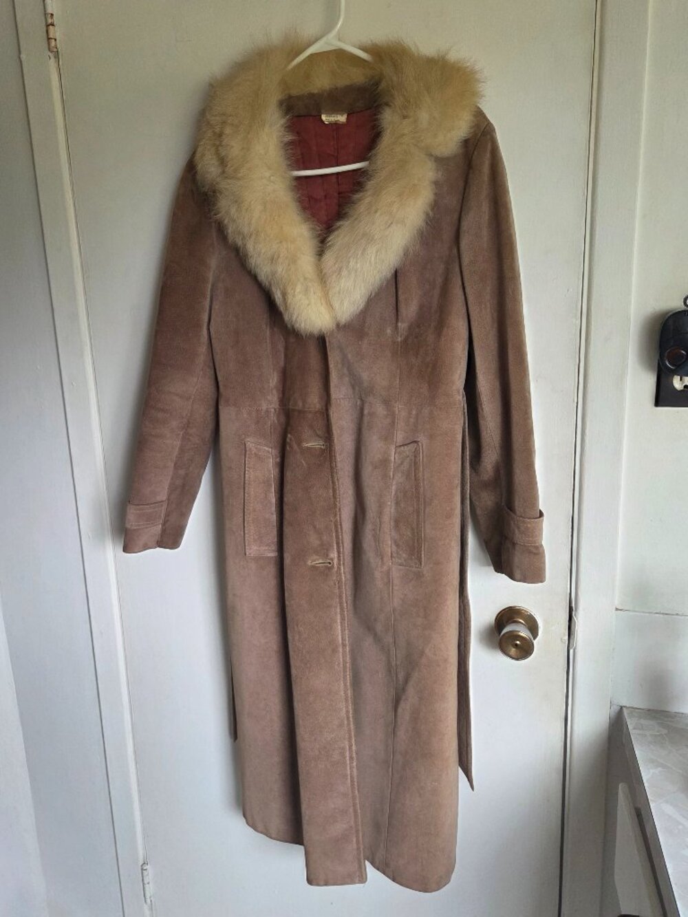 Vintage 70s Canadian Suede Penny Lane Long Coat Fur Collar Size 15